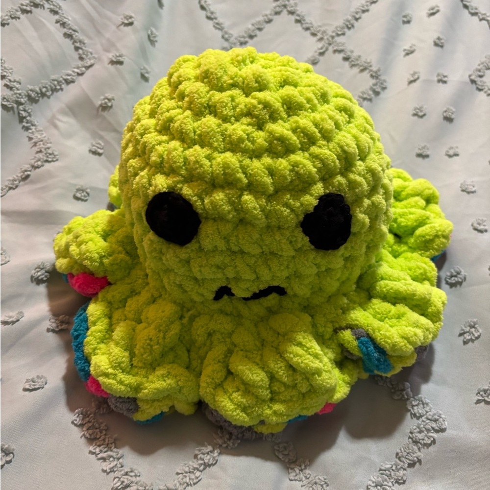 Reversible-happy(multicolored)- mad(neon green) hand-crocheted- Plush Octopus